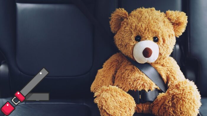 熊の人形がシートベルトをしている